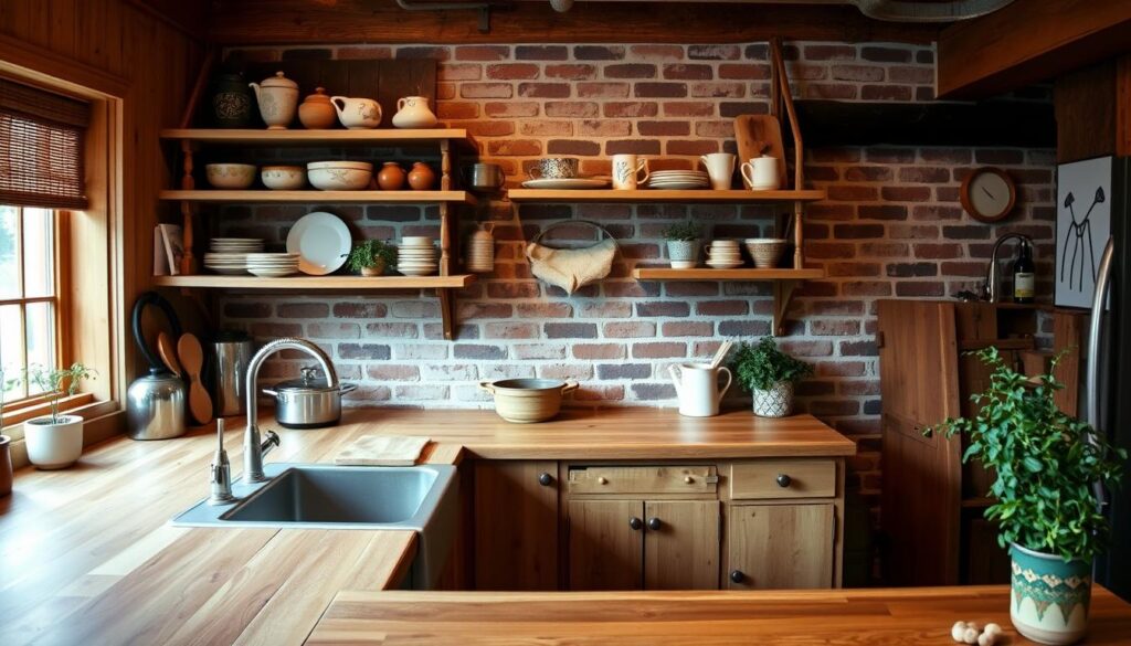 A rustic kitchen with a budget-friendly makeover. A warm, cozy space with natural wood tones and earthy accents. In the foreground, an L-shaped wooden countertop with a simple farmhouse sink and a mix of vintage and modern cookware. Mid-ground, open shelving displaying an eclectic collection of ceramic dishes and potted herbs. In the background, a brick backsplash with a simple black and white wall art piece. Soft, ambient lighting casts a gentle glow throughout, creating a inviting, homey atmosphere. The overall aesthetic is a harmonious blend of old and new, reflecting a thoughtful, affordable kitchen transformation.