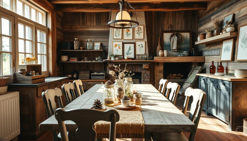 A rustic kitchen with a cozy, lived-in ambiance. Sunlight filters through a large window, illuminating the space. In the foreground, a vintage wooden table is adorned with a burlap runner, mason jars, and a mix of natural elements like pinecones and dried flowers. Mismatched chairs surround the table, each with a unique charm. On the shelves, upcycled crates and mason jars display an eclectic array of kitchen essentials. Hanging from the ceiling, a rustic light fixture casts a warm glow over the room. The walls are lined with weathered wooden planks, complemented by a few framed botanical prints. In the background, a cozy fireplace with a mantel decorated with more natural accents adds to the inviting ambiance. The overall scene exudes a sense of simplicity, comfort, and a touch of farmhouse flair.