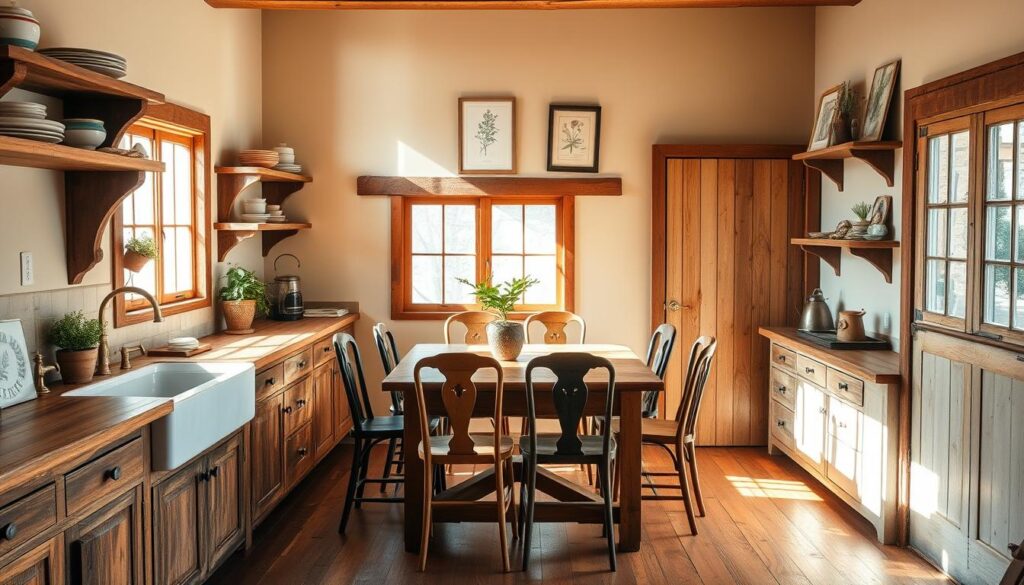 A rustic kitchen with warm, natural lighting streaming through large windows. The countertops are weathered wood, complemented by a farmhouse-style sink and vintage brass faucet. Shelves made from reclaimed barn wood display a mix of antique ceramic dishes and potted herbs. In the center, a sturdy wooden table with mismatched chairs, creating a cozy gathering space. The walls are painted a soft, earthy tone, adorned with a few simple, framed botanical prints. The hardwood floors are worn but polished, adding to the lived-in, budget-friendly charm of the space. Overall, a harmonious blend of vintage, repurposed, and modern elements that evoke a sense of homey, countryside comfort.