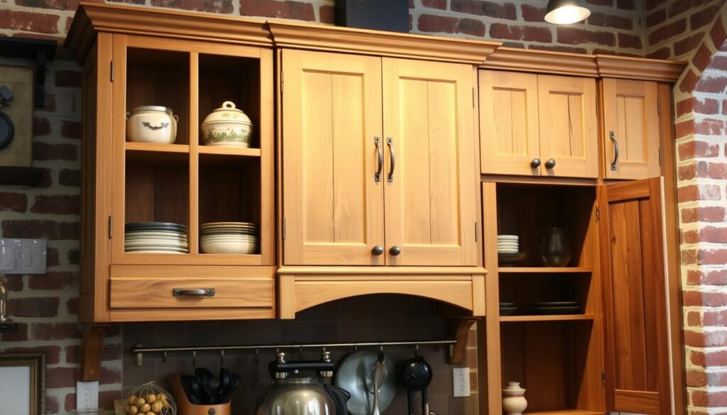 A rustic kitchen with weathered wooden cabinets, complemented by distressed hardware and a warm, natural color palette. The cabinets feature a mix of open shelving and closed storage, with a subtle aged patina that evokes a sense of timelessness. Soft, indirect lighting illuminates the space, casting a cozy glow and highlighting the textural elements. The scene is set against a backdrop of exposed brick walls, lending an authentic, industrial-chic ambiance. The overall composition conveys a sense of comfortable, homey charm, perfect for a DIY cabinet transformation project.