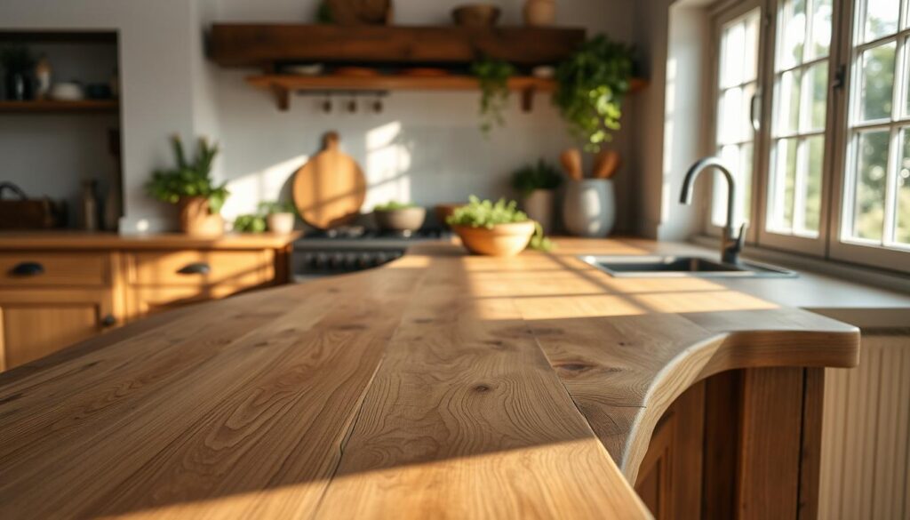 A rustic, sun-drenched kitchen with an affordable, weathered wooden countertop as the focal point. The surface is adorned with natural knots and grain patterns, exuding a warm, time-worn charm. Cascading greenery and herbs accent the edges, complementing the earthy tones. Soft, diffused lighting filters in through a large window, casting a gentle glow across the scene. The overall mood is one of simplicity, functionality, and an appreciation for the beauty of imperfect, natural materials. The camera angle showcases the countertop from a slightly elevated perspective, allowing the viewer to fully appreciate the intricate details and textures.