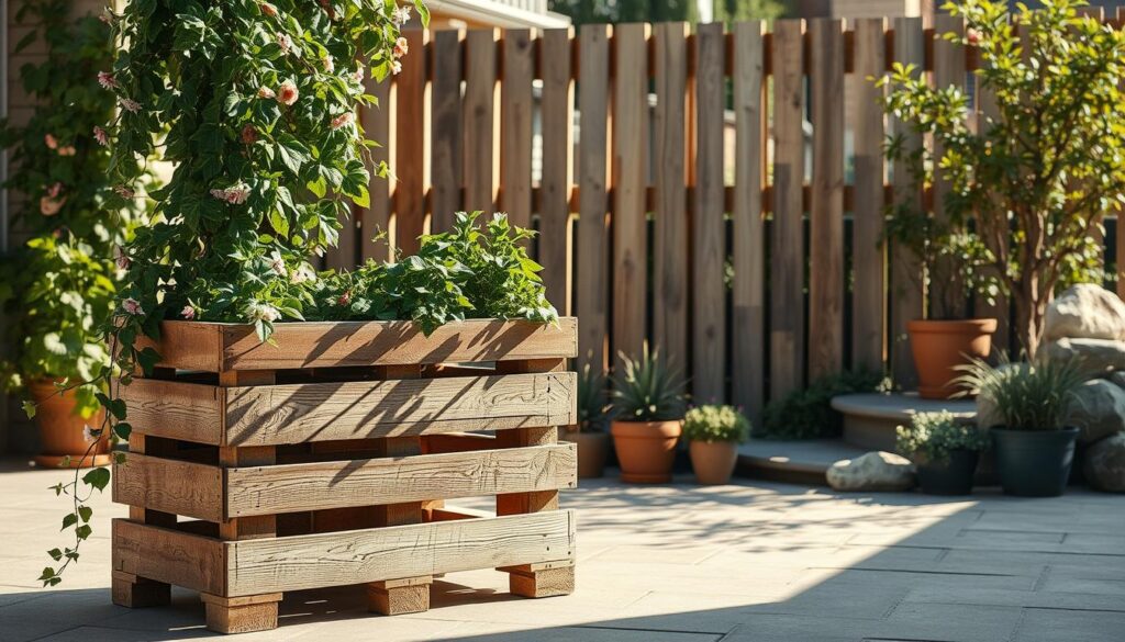 A rustic wooden pallet planter stands on a sun-drenched patio, its weathered boards contrasting with the lush greenery of cascading vines and trailing flowers. The planter is positioned in the foreground, casting gentle shadows on the intricately textured wooden slats. In the middle ground, a striking privacy screen crafted from additional pallets creates a cozy, secluded atmosphere, its vertical slats casting a rhythmic pattern of light and shadow. The background features a tranquil garden setting, with potted plants and natural stone accents adding to the serene, earthy ambiance. The scene is illuminated by warm, diffused natural lighting, capturing the DIY charm and practical functionality of this pallet-based outdoor project.