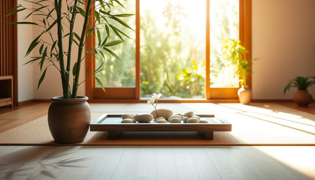 A serene and minimalist Zen-inspired home decor scene, showcasing natural elements. In the foreground, a bamboo plant in an earthenware pot, casting gentle shadows. In the middle ground, a low wooden table with a simple flower arrangement, surrounded by smooth river stones. The background features a large window overlooking a lush garden, the warm natural light filtering in. The overall atmosphere is one of tranquility and balance, inviting a sense of calm and focus. Captured with a wide-angle lens to emphasize the harmonious flow of the space.