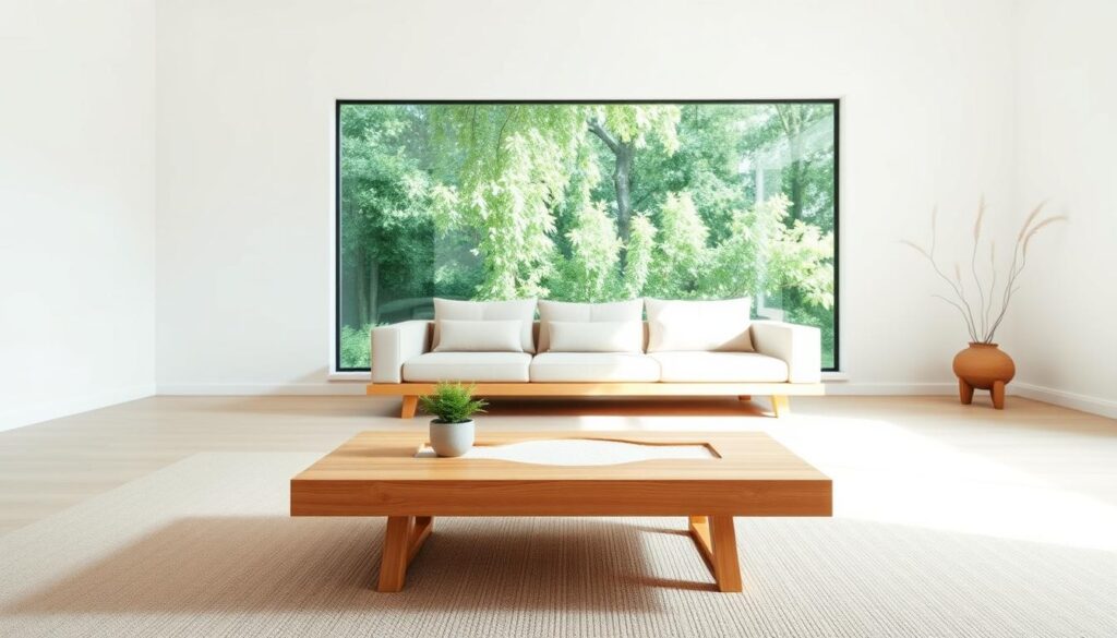 A serene and minimalist zen-inspired living space. In the foreground, a clean-lined wooden coffee table with a small potted plant and a zen garden of raked sand. Behind, a low-profile, platform-style sofa upholstered in a neutral fabric. The middle ground features a large window with a view of a lush, verdant garden, casting a soft, natural light throughout the room. In the background, bare white walls create a calm and uncluttered atmosphere. The overall scene evokes a sense of tranquility and mindfulness, perfect for a relaxing and restorative zen-inspired space.