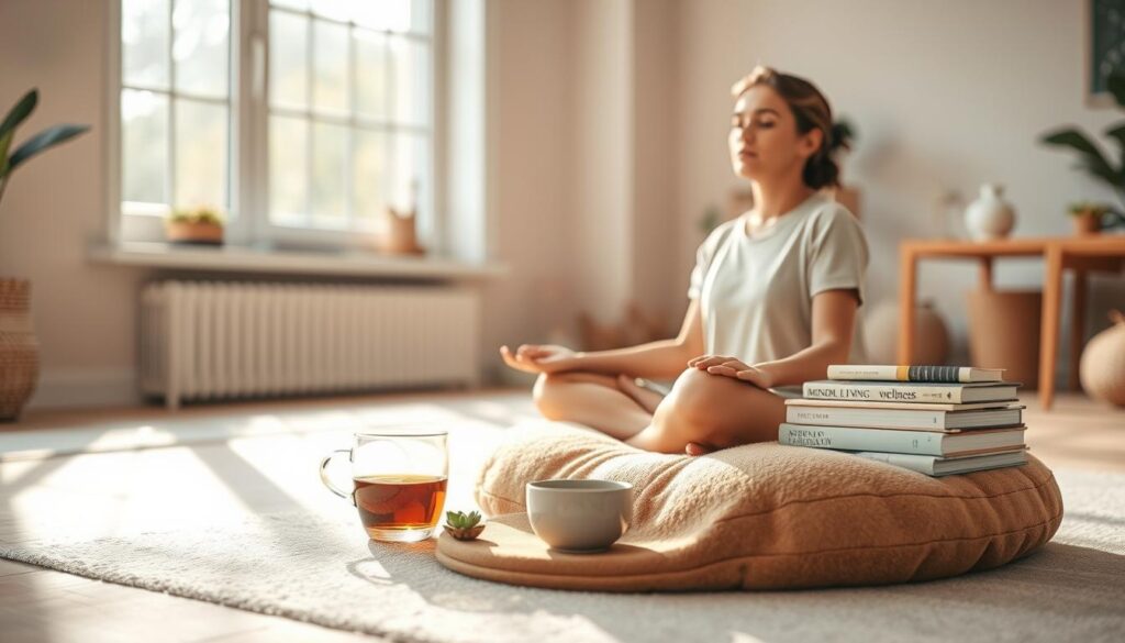 A serene and tranquil scene of a person practicing mindful living. In the foreground, a person sits cross-legged on a plush, earthy-toned meditation cushion, their eyes closed in deep contemplation. Soft, natural lighting filters through large windows, casting a warm glow. In the middle ground, various objects symbolizing mindful living are arranged - a cup of herbal tea, a small succulent plant, and a stack of books on meditation and wellness. The background depicts a cozy, minimalist interior with neutral-colored walls and wooden accents, creating a calming, zen-like atmosphere. The overall mood is one of inner peace, balance, and a deep connection with the present moment.