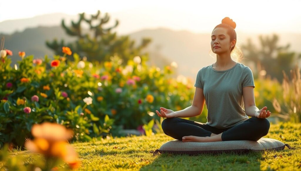 A serene and tranquil scene of a person practicing mindfulness in a peaceful natural setting. In the foreground, a person sits cross-legged on a meditation cushion, eyes closed and hands resting gently in their lap, their expression calm and centered. The middle ground features a lush, verdant garden with vibrant flowers and greenery, bathed in soft, warm lighting that creates a soothing, contemplative atmosphere. In the background, a distant, hazy mountain range stands tall, further emphasizing the sense of tranquility and connection with the natural world. The overall image conveys a sense of inner peace, balance, and the grounding power of mindfulness practices in everyday life.