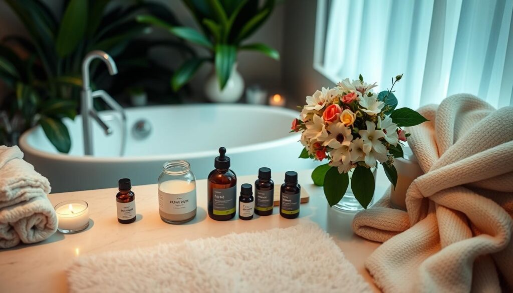 A serene bathroom sanctuary, with a tranquil tub and plush towels, surrounded by lush plants and soothing ambient lighting. The countertop displays an assortment of natural bath products, essential oils, and a DIY exfoliating scrub in a glass jar. Soft, diffused lighting illuminates the space, creating a calming, spa-like atmosphere. A vase of fragrant flowers adds a touch of elegance, while a fluffy bathmat and a plush bathrobe complete the cozy, relaxing scene. The overall composition conveys a sense of self-care, rejuvenation, and a tranquil retreat from the outside world.