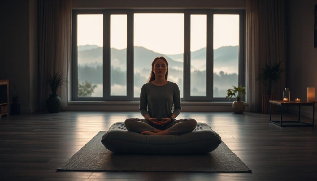 A serene, dimly lit room with warm, soft lighting. In the foreground, a woman sits cross-legged on a plush, gray meditation cushion, her eyes closed and her hands resting gently in her lap. She is dressed in comfortable, neutral-toned clothing, exuding a sense of calm and focus. Behind her, a large window frames a tranquil, natural landscape, with mountains in the distance and a faint mist lingering in the air. The room is sparsely decorated, with a few potted plants and a simple, wooden side table holding a small candle. The overall atmosphere is one of tranquility, introspection, and a peaceful escape from the busyness of the outside world.
