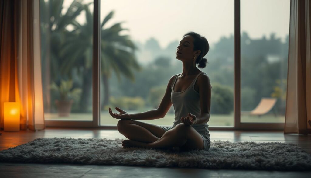 A serene evening scene, lit by soft, warm lighting. In the foreground, a person sits cross-legged on a plush rug, eyes closed in deep meditation. Their posture is relaxed, hands resting gently on their lap. Behind them, a large window overlooks a tranquil garden, with swaying trees and a gentle breeze. The background is hazy, with muted colors and a sense of calm. The overall atmosphere is one of deep introspection and peaceful relaxation.