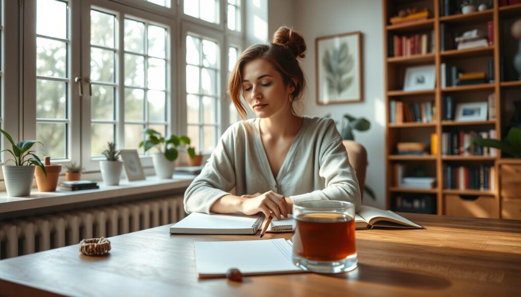 A serene home office setting with a woman sitting at a wooden desk, deep in thought, surrounded by natural light streaming through large windows. In the foreground, a cup of herbal tea, a notebook, and a few mindfulness tokens like crystals or a small plant. In the background, bookshelves and calming artwork on the walls, creating a tranquil atmosphere conducive to a midweek mental reset. The image is captured with a soft, diffused lighting that accentuates the warm, earthy tones and exudes a sense of calm and focus.