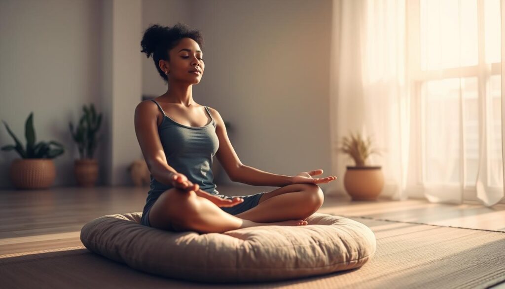 A serene individual sitting cross-legged on a plush, muted-toned meditation cushion, eyes closed in deep contemplation. Soft, natural lighting filters through a window, casting a warm, peaceful glow. The background is a minimalist, zen-inspired space with neutral colors and simple, organic décor elements like potted plants. An aura of tranquility and mindfulness pervades the scene, inviting the viewer to pause and reflect. The camera angle is slightly elevated, creating a sense of calm observation. The overall mood is one of introspection, balance, and inner harmony.