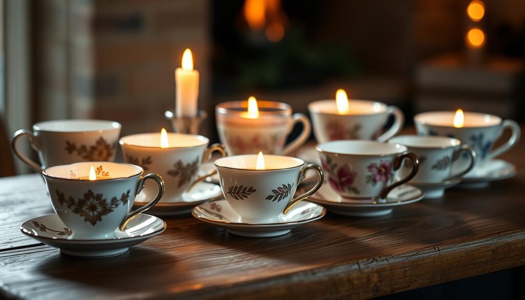 A serene, intimate arrangement of elegant teacup candle holders on a cozy, rustic wooden tabletop. The teacups, in a variety of vintage-inspired patterns and hues, glow softly with the warm, flickering light of lit candles. Soft shadows cast by the candles create a sense of depth and dimension. Subtle lighting from the side accentuates the intricate details and textures of the ceramic vessels. The overall scene exudes a charming, homely atmosphere, perfect for chilly nights by the fireplace.