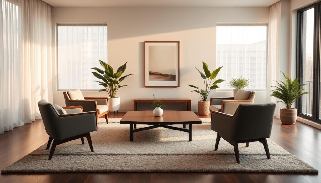 A serene, minimalist living room bathed in warm, diffused natural light filtering through large windows. A low, wooden coffee table sits atop a plush, neutral-toned rug, surrounded by elegant, mid-century modern chairs arranged in a thoughtful conversation circle. Potted plants and a simple, abstract artwork add subtle pops of greenery and color, creating a harmonious, Zen-inspired ambiance. Soft textures, clean lines, and an overall sense of balance and tranquility permeate the space, inviting mindful contemplation and relaxation.
