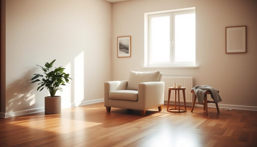 A serene, minimalist living room bathed in warm, natural light. A large window floods the space with soft, diffused illumination, casting gentle shadows across the polished hardwood floors. In the center, a plush, oversized armchair invites contemplation, its neutral upholstery and clean lines exuding a sense of tranquility. Surrounding it, carefully curated decor elements - a lush, potted plant, a simple, wooden side table, and a neatly folded throw blanket - create a harmonious, uncluttered atmosphere. The walls are painted in a soothing, muted tone, with a single, abstract artwork hanging in the background, adding a touch of visual interest without disrupting the overall serenity. An overall feeling of calm and balance permeates the space, inviting the viewer to pause, reflect, and find a moment of peace.