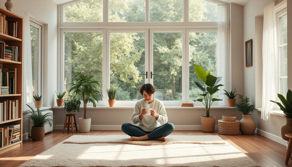 A serene, minimalist living room with large windows overlooking a lush garden. Soft natural light filters in, casting a warm glow. A person sits cross-legged on a plush, neutral-toned rug, sipping a steaming mug of tea. Bookshelves line the walls, displaying a collection of well-worn volumes. Potted plants and a few simple, handcrafted decor pieces add organic touches. The overall atmosphere is one of tranquility and mindfulness, inviting the viewer to slow down and savor the moment.