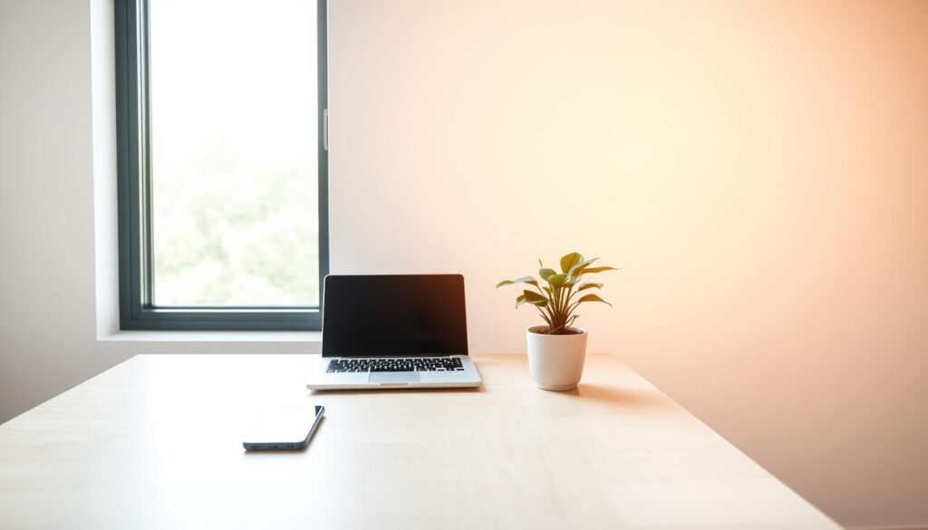 A serene, minimalist workspace with a laptop, smartphone, and a potted plant on a clean, wooden desk. Diffused natural light filters through a large window, casting a warm, calming glow. The scene conveys a sense of digital detachment, with the devices representing the tools of social media management, yet the overall atmosphere promotes focus and mindfulness. The background is a simple, uncluttered white or light-colored wall, allowing the main elements to stand out prominently.
