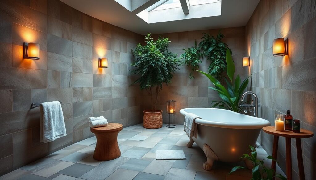 A serene spa-inspired bathroom with natural stone tiles, a large clawfoot tub, and lush greenery. Soft, diffused lighting from wall sconces and a skylight creates a warm, inviting ambiance. Plush towels, a wooden stool, and a small table with candles and essential oils complete the relaxing, multi-sensory experience. The room exudes a calming, spa-like atmosphere, transporting the viewer to a peaceful oasis of self-care and rejuvenation.