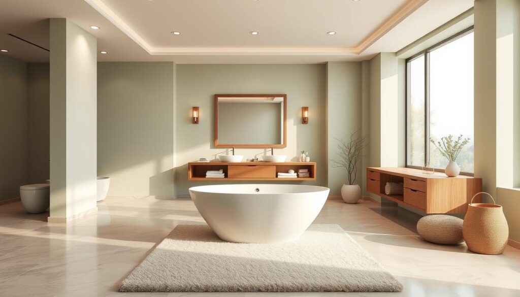 A serene spa-like bathroom with a harmonious color palette of soft, earthy tones. The foreground features a modern, freestanding bathtub atop a plush, neutral-colored rug. Surrounding the tub, elegant marble tiles in shades of beige and gray create a luxurious, tranquil ambiance. The middle ground showcases a floating wooden vanity with minimalist fixtures, complemented by a large, framed mirror that reflects the natural light streaming in from the large window in the background. The walls are painted in a soothing, pale green hue, creating a calming, spa-like atmosphere. Diffused lighting from recessed ceiling fixtures and wall sconces casts a warm, gentle glow throughout the space, enhancing the overall relaxing and rejuvenating atmosphere.