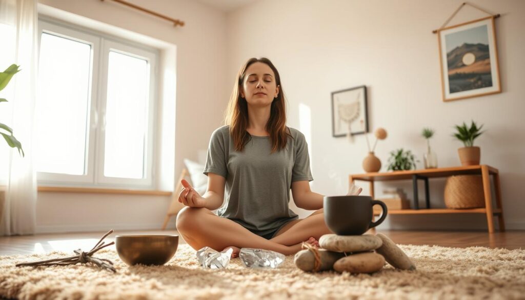A serene, well-lit home interior with warm, diffused natural lighting streaming through large windows. In the foreground, a woman sits cross-legged on a plush, earthy-toned rug, her eyes closed in deep meditation. Her expression is one of tranquility and focus. Surrounding her are various mindfulness objects: a small singing bowl, a bundle of sage, a crystalized quartz, and a few smooth river stones. In the middle ground, a wooden side table holds a steaming mug of herbal tea and a small potted plant. The background features minimalist wall decor, such as a woven macrame hanging and a simple framed nature print, creating a calming, uncluttered atmosphere.