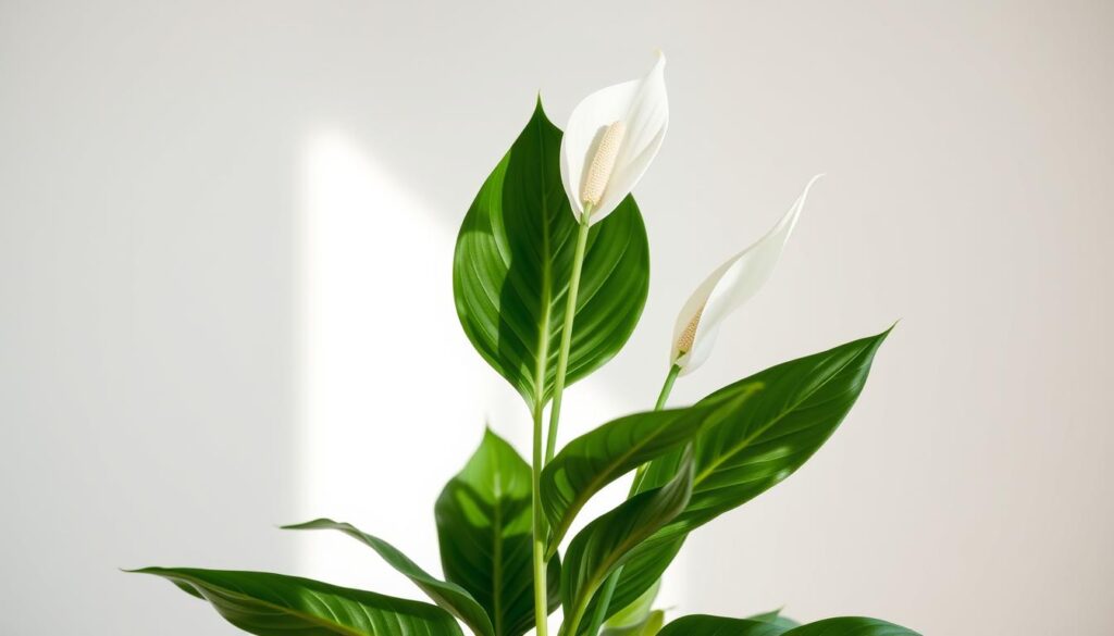 A serene, well-lit scene depicting a vibrant Peace Lily plant prominently displayed in the foreground. The plant's lush, glossy green leaves and elegant white flowers stand out against a soft, blurred background showcasing its air purification benefits. The lighting is natural and diffused, creating a calming, almost ethereal atmosphere. The composition features a clean, minimalist style, with the plant centered and filling a significant portion of the frame. The overall impression is one of tranquility, wellness, and the plant's ability to enhance indoor air quality.