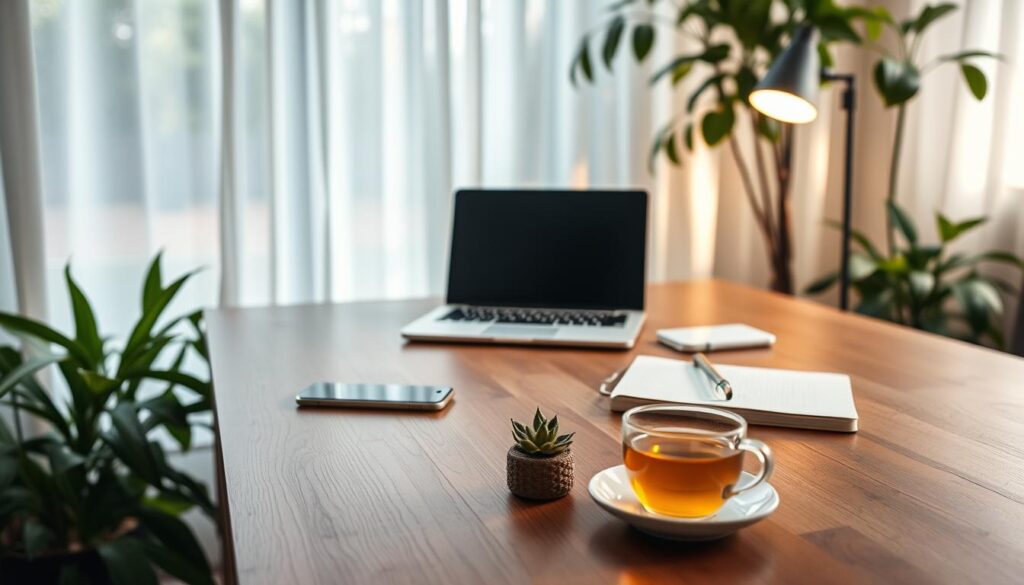 A serene workspace with a minimalist wooden desk, surrounded by lush greenery and natural light filtering through sheer curtains. On the desk, a smartphone, laptop, and notebook lie abandoned, symbolizing a digital detox. The ambient lighting is soft and calming, creating a tranquil atmosphere for focused contemplation and mindfulness. In the foreground, a cup of herbal tea and a small succulent plant, signifying a balanced and grounded mindset. The overall scene conveys a sense of digital disconnect, mental clarity, and a retreat from the constant digital stimulation.