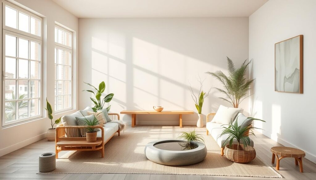 A serene, zen-inspired living space with a calming color palette. Soft, muted tones of sage, lavender, and cornflower blue create a soothing atmosphere. Sunlight streams through large windows, casting a warm glow across the room. Minimalist furniture in natural materials, such as bamboo and linen, complement the earthy palette. Potted plants and a small water feature add tranquil accents. The camera angle captures the room from a slightly elevated perspective, highlighting the harmonious balance of the space. An oasis of tranquility, this image evokes a sense of peaceful relaxation.