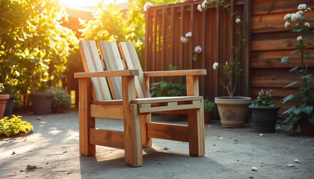 A simple, rustic pallet chair in a lush, natural outdoor setting. The chair is crafted from weathered, reclaimed wooden pallets, with a sturdy, ergonomic backrest and seat. Warm, afternoon sunlight filters through the verdant foliage, casting a cozy, inviting glow. The chair is positioned on a smooth, packed dirt floor, surrounded by lush, potted plants and a scattering of small, decorative stones. In the background, a wooden fence or trellis is visible, partially obscured by trailing vines and blooming flowers. The overall scene conveys a sense of peaceful, handcrafted charm, perfect for relaxing in a tranquil backyard or patio.
