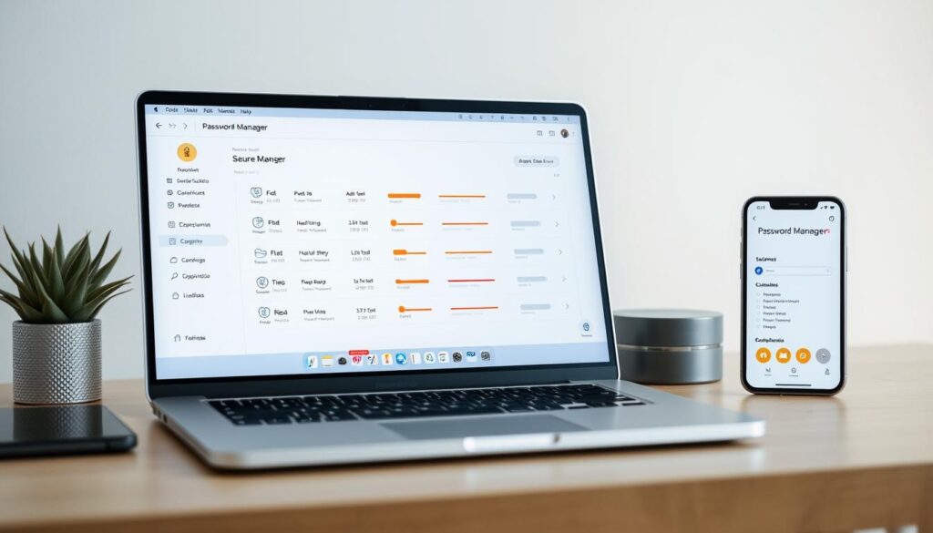 A sleek, minimalist desktop setup with a laptop, smartphone, and a password manager app open on the screen. The foreground features a clean, intuitive password management interface with an array of secure icons and sliders. The middle ground showcases a well-organized digital workspace, with a subtle pastel color palette and soft, ambient lighting creating a calming, focused atmosphere. The background subtly blurs into a neutral, uncluttered space, allowing the password management system to take center stage and convey a sense of digital organization and security.