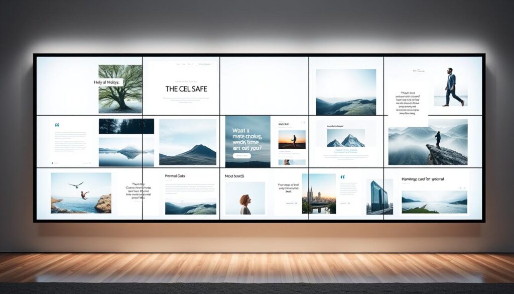 A sleek, minimalist digital vision board with clean lines and a modern aesthetic. On a large, high-resolution display, various digital elements float and arrange themselves dynamically - inspirational images, motivational quotes, personal goals, and mood boards. The board is backlit with a soft, indirect lighting that creates a serene, meditative atmosphere. The composition utilizes the full screen real estate, with the elements flowing and interacting seamlessly. The overall impression is one of a personalized, adaptive digital canvas that can be easily updated and customized to reflect the user's evolving vision and aspirations.