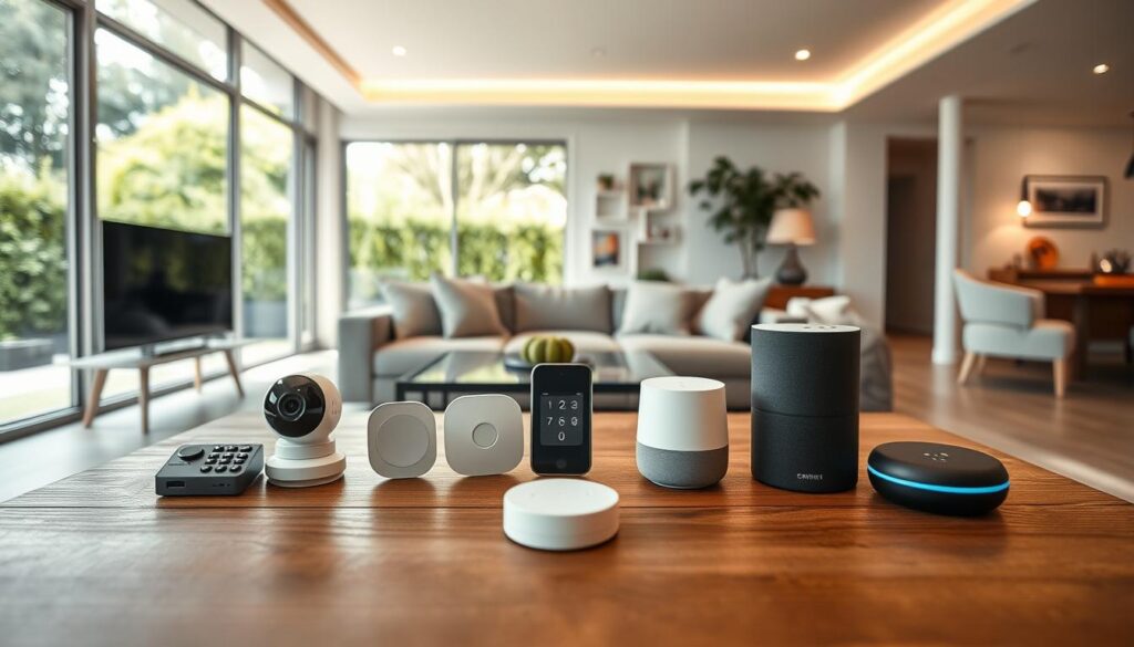 A sleek, modern living room with large windows overlooking a verdant backyard. In the foreground, an array of smart home safety devices are artfully arranged on a minimalist wooden coffee table - a discreet security camera, a smart smoke detector, a keypad-enabled door lock, and a voice-activated home assistant. Soft, diffused lighting from recessed ceiling fixtures creates a warm, inviting atmosphere. The middle ground features a comfortable sofa and armchair, hinting at a space for relaxation and family time. In the background, glimpses of other smart home features can be seen, like a smart thermostat and lighting controls, seamlessly blending technology and design for a cohesive, secure living environment.
