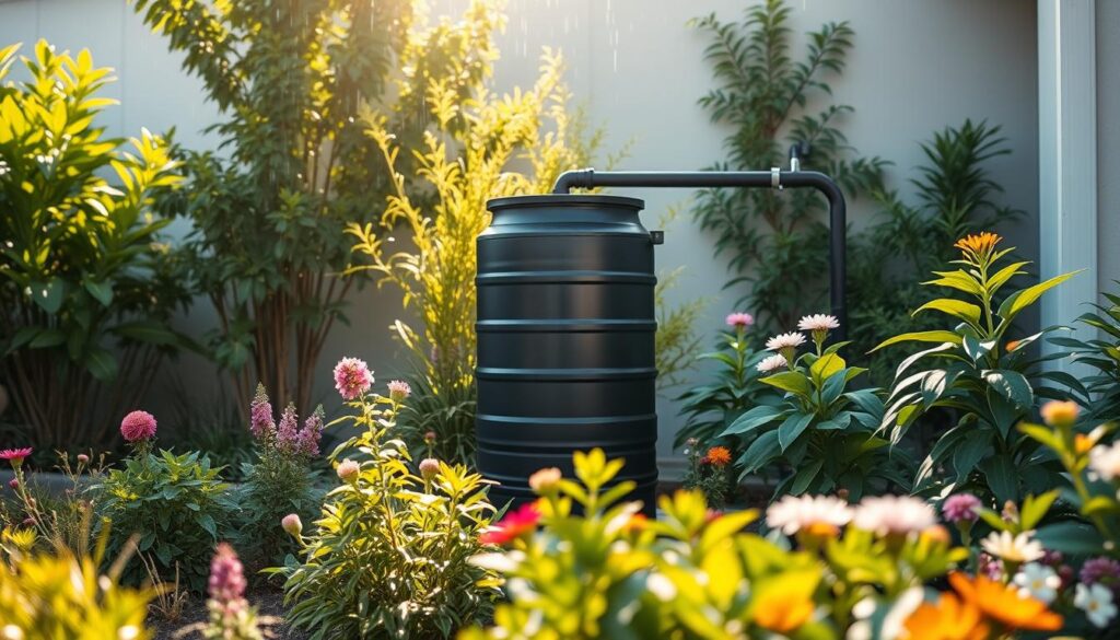 A sleek, modern rainwater harvesting system stands prominently in an urban garden. In the foreground, a large, cylindrical rain barrel with a matte black finish catches rain from a seamless gutter system. The middle ground features an array of lush, thriving plants and flowers, their vibrant colors creating a beautiful natural backdrop. Sunlight filters through the leaves, casting a warm, golden glow over the scene. In the background, the walls of a contemporary home provide a clean, minimalist structure, complementing the utilitarian design of the rainwater system. The overall atmosphere conveys a sense of sustainability, efficiency, and harmony between technology and nature.