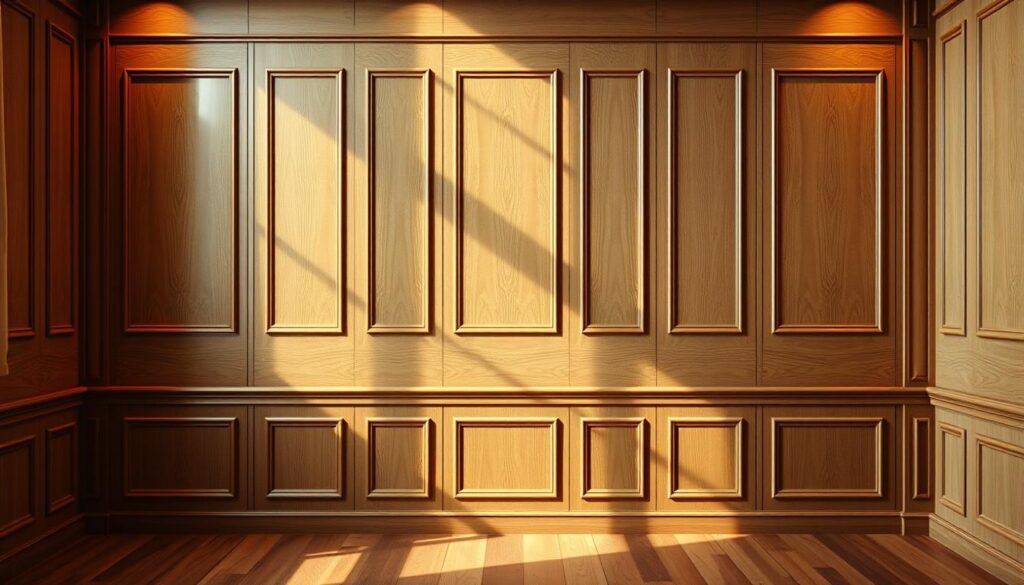 A sophisticated and elegant wall paneling design featuring a combination of intricate vertical and horizontal wood paneling in a warm, honey-toned finish. The paneling is arranged in a symmetrical pattern, creating a sense of balance and visual interest. The scene is bathed in soft, diffused natural lighting, casting gentle shadows and highlighting the natural grain and texture of the wood. The paneling extends from the floor to the ceiling, creating a cohesive and visually striking interior design element that elevates the overall aesthetic of the space.