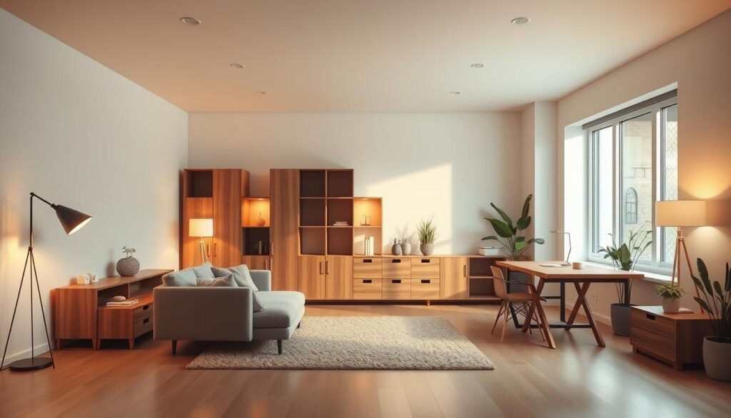 A spacious and versatile dual-function room with a minimalist yet cozy aesthetic. In the foreground, a multifunctional sofa bed positioned near a clean-lined wooden desk, creating a seamless transition between living and work areas. Soft, indirect lighting from floor lamps and a large window illuminate the scene, casting a warm glow across the room. The middle ground features a modular storage unit that doubles as a room divider, seamlessly integrating storage and display space. In the background, a plush area rug and potted plants add natural accents, reinforcing the room's calming, harmonious atmosphere. The overall composition emphasizes functional flexibility, balanced design, and a harmonious blend of living and working elements.