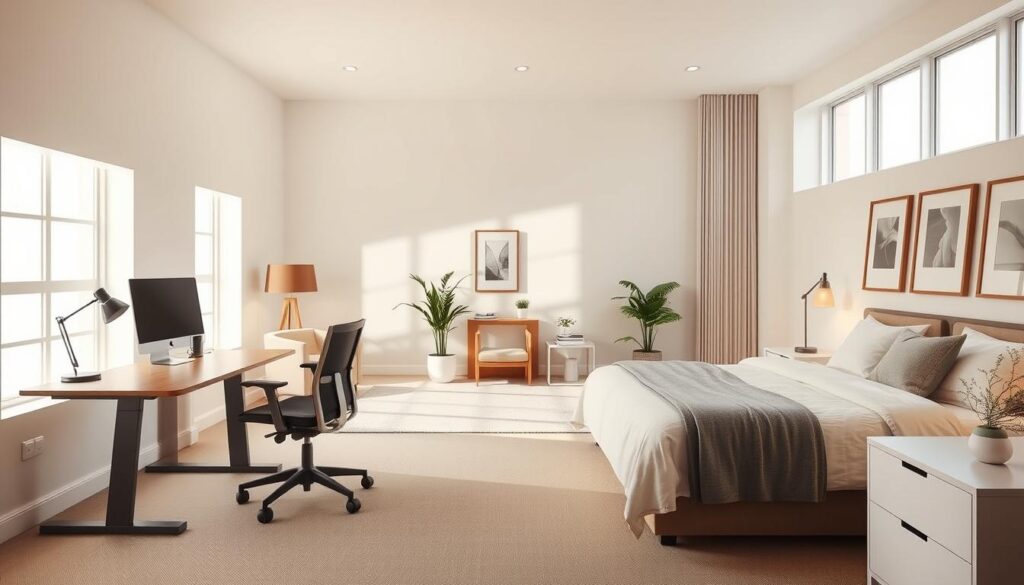 A spacious, minimalist multipurpose room with a transitional layout, designed for both office work and guest accommodation. Soft, warm lighting filters through large windows, creating a cozy ambiance. A modern, height-adjustable desk and ergonomic chair occupy the foreground, seamlessly convertible into a comfortable queen-size bed. Neutral-toned textiles and clean-lined furnishings in the middle ground establish a serene, inviting atmosphere. In the background, subtle decorative elements like potted plants and framed artwork add subtle visual interest, while keeping the space uncluttered and flexible. The room conveys a sense of harmonious duality, effortlessly adapting between professional and personal uses.