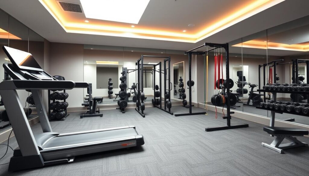 A spacious, well-equipped home gym featuring state-of-the-art fitness equipment. In the foreground, a sleek, modern treadmill with a large display screen. Beside it, a high-quality weight rack with an assortment of free weights. In the middle ground, a sturdy power rack with a built-in pull-up bar and a comprehensive set of resistance bands. The background showcases floor-to-ceiling mirrors, providing ample reflection for proper form and technique. Overhead, the room is illuminated by warm, recessed lighting, creating a motivating atmosphere. The entire setup is situated on a resilient, rubberized floor, ensuring a stable, cushioned surface for intense workouts. The color palette is a harmonious blend of grays, blacks, and muted tones, exuding a sense of sophistication and focus.