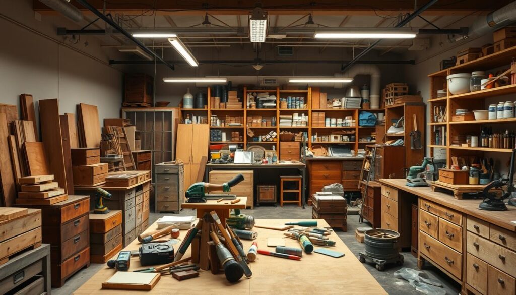 A spacious, well-lit workshop filled with the tools and materials of furniture restoration. In the foreground, a sturdy workbench adorned with an array of brushes, sandpaper, and wood glue, ready for the intricate work of refinishing. Flanking the workspace, wooden crates and storage units brimming with salvaged furniture pieces, each waiting to be transformed. The middle ground showcases a collection of power tools - a belt sander, orbital sander, and jigsaw - positioned for easy access. Overhead, a network of adjustable task lighting casts a warm, focused glow over the entire area, creating an atmosphere of focused productivity. In the background, shelves hold an impressive inventory of paints, stains, and varnishes, a testament to the boundless creative potential of this functional yet inspiring furniture flipping workspace.