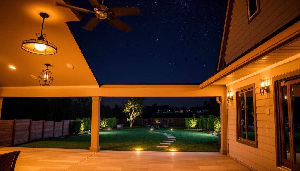 A stunning outdoor space bathed in warm, inviting lighting. A large, modern porch or patio in the foreground, with a mix of overhead pendant lights, recessed ceiling fixtures, and decorative wall sconces illuminating the area. In the middle ground, a well-manicured garden or yard, with strategically placed path lights guiding the way. The background features a serene, naturalistic landscape, perhaps with a glimpse of a starry night sky or a distant city skyline, all softly lit to create a cohesive, visually appealing scene. The lighting solutions work together to establish a cozy, inviting atmosphere, perfect for entertaining or relaxing in the great outdoors.