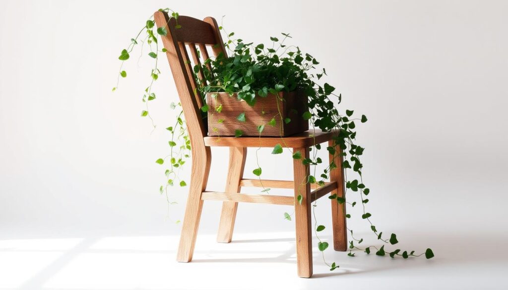 A stylish, upcycled wooden chair set against a bright, airy backdrop. The chair's original seat has been removed, replaced with a rustic wooden planter filled with lush, cascading greenery. Delicate vines crawl up the chair's weathered, distressed frame, lending an organic, nature-inspired aesthetic. Soft, diffused lighting illuminates the scene, highlighting the textural details of the reclaimed wood and the vibrant foliage. The chair is positioned at a slight angle, creating a sense of depth and movement. The overall composition exudes a sense of tranquility and a appreciation for the beauty of repurposed, sustainable design.