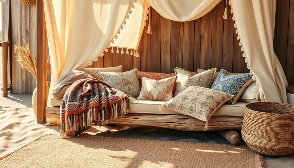 A sun-dappled beach scene, filled with an assortment of boho-inspired textiles. In the foreground, a plush, woven area rug in earthy tones of ochre and sage anchors the space. Draped over a driftwood bench, a soft, patterned throw in shades of indigo and terracotta evokes the colors of the setting sun. Overhead, billowing linen curtains in a soft cream sway gently in the ocean breeze, creating a sense of airy, carefree elegance. In the middle ground, a collection of plush, tasseled pillows in a mix of bohemian-inspired prints and textures invite relaxation. The background features a backdrop of weathered wood paneling, hinting at the rustic charm of a beachside bungalow. Warm, natural lighting casts a golden glow, infusing the scene with a serene, sun-soaked ambiance.