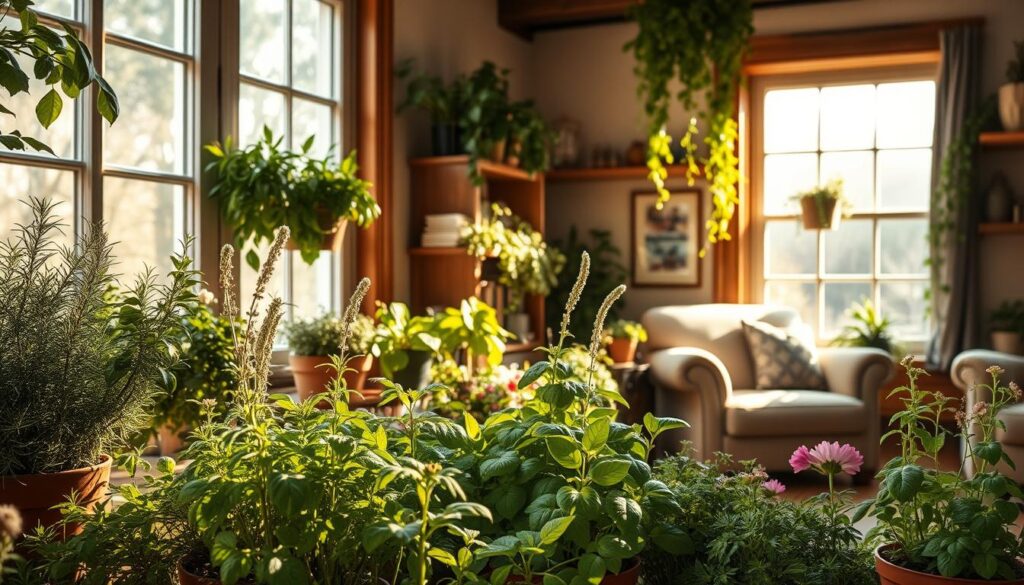A sun-dappled indoor herb garden, lush with vibrant foliage and fragrant blooms. In the foreground, an array of potted herbs, their leaves rustling gently in the soft breeze from an open window. Midground, wooden shelves line the walls, brimming with thriving rosemary, thyme, and basil plants. The background reveals a cozy nook, with a plush armchair and a trailing ivy cascading from a high shelf. Warm, golden light filters through the large windows, casting a soothing glow over the scene. A sense of peaceful harmony pervades the space, reflecting the seasonal care and attention lavished upon this bountiful indoor oasis.