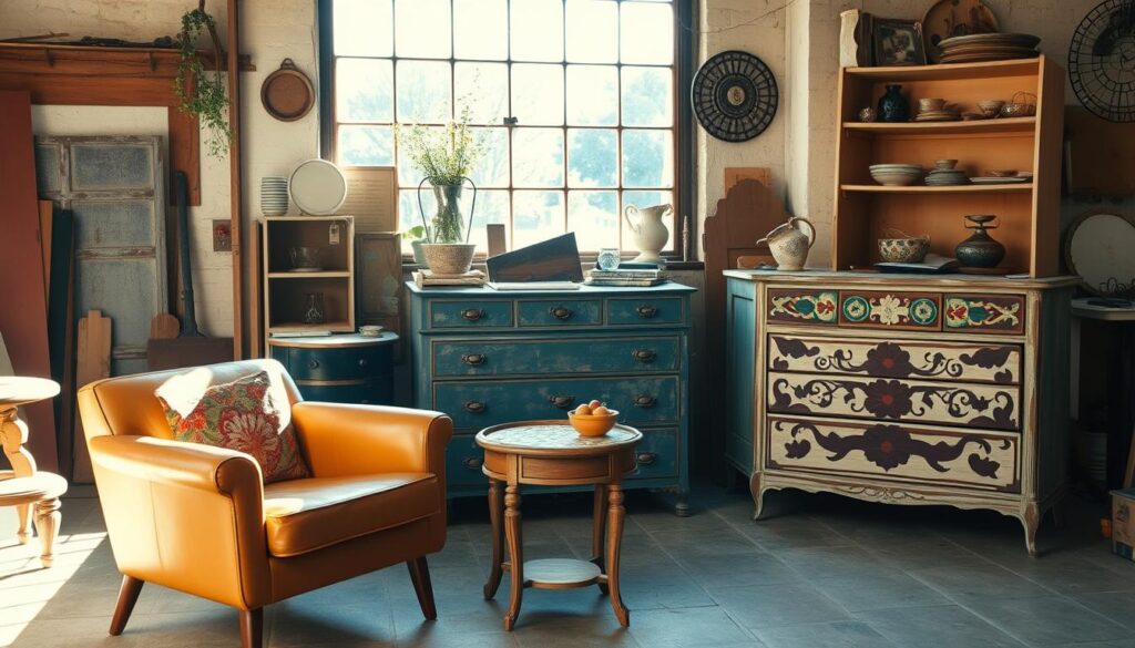 A sun-dappled workshop filled with the warmth of upcycled vintage furniture. In the foreground, a mid-century armchair stands proudly, its worn leather lovingly restored with a vibrant new fabric. Beside it, a side table with a mosaic tile top, its old-world charm elevated by a fresh coat of paint. In the middle ground, a weathered dresser transforms into a statement piece, its drawers repurposed as shelves displaying eclectic décor. The background features a large window, casting a soft, golden glow over the scene, highlighting the character and potential of these once-forgotten furnishings, now ready for a new lease on life.