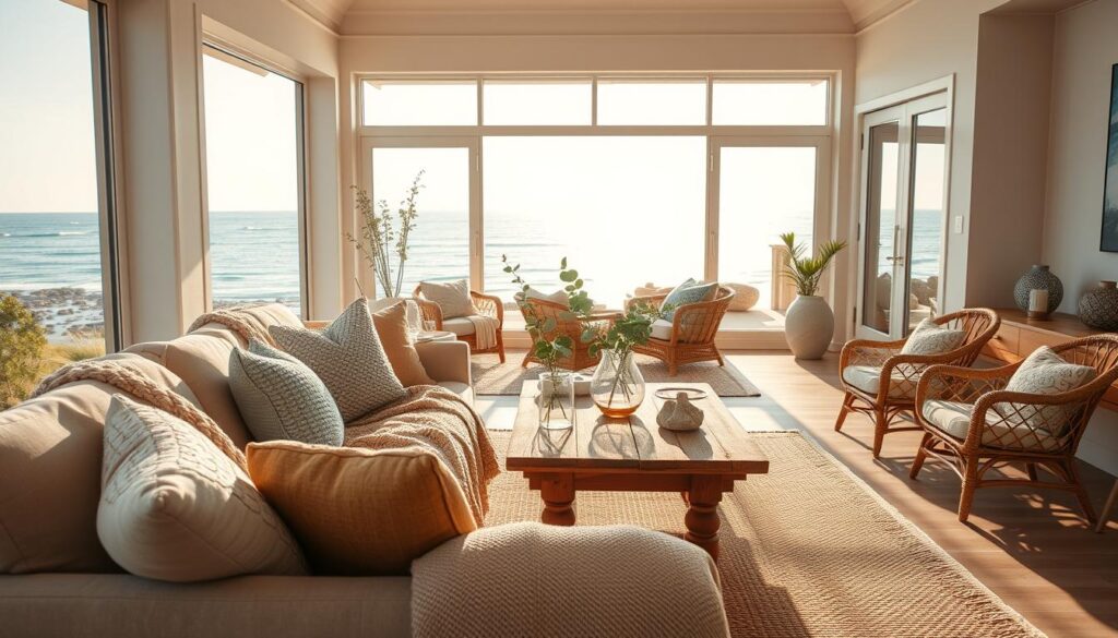 A sun-drenched coastal scene, with a serene, inviting color palette of muted blues, soft greens, and warm neutrals. In the foreground, a plush, bohemian-inspired sofa adorned with textured throw pillows and a cozy knitted blanket. Beside it, a wooden coffee table holds driftwood accents and a cluster of glass vases filled with fragrant eucalyptus. In the middle ground, a woven area rug and a pair of rattan armchairs create a cozy, laid-back living space. The background features a large window overlooking a picturesque ocean view, letting in natural light that casts a warm, golden glow throughout the room. The overall atmosphere is one of relaxation, comfort, and a harmonious connection to the natural world.