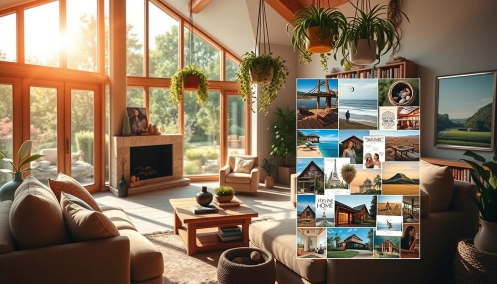 A sun-drenched living room with large windows overlooking a lush, landscaped garden. Plush, earthy-toned furnishings, a cozy fireplace, and bookshelves filled with inspiring reads. In the foreground, a vision board collage showcases images of dream homes, travel destinations, and personal aspirations. Hanging plants, natural light, and a serene, calming atmosphere evoke a sense of tranquility and possibility. The scene conveys a harmonious blend of comfort, creativity, and a touch of whimsy, capturing the essence of a "dream home" vision board.