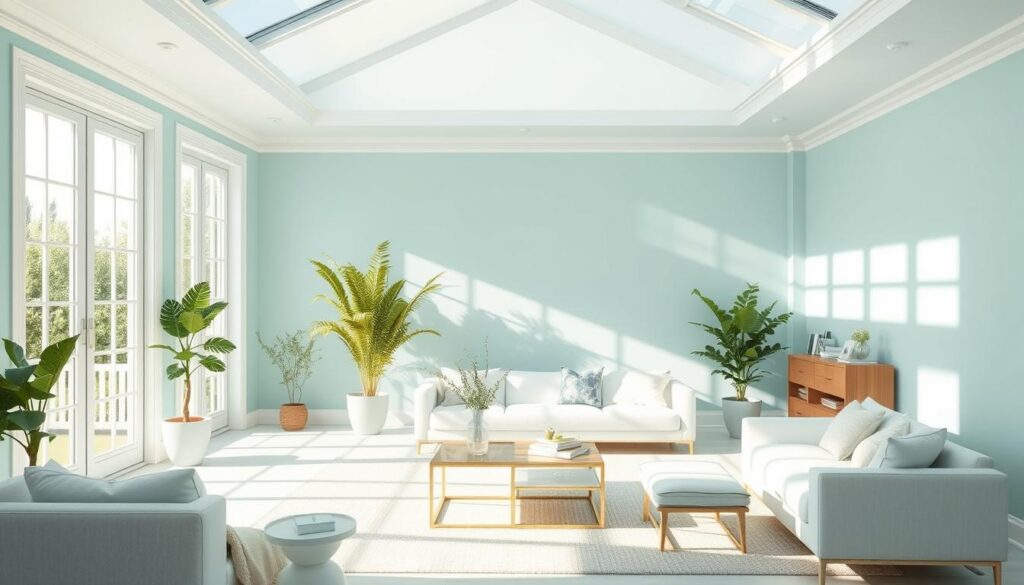 A sun-drenched room bathed in soft, expansive light blues and verdant greens. Crisp, minimalist lines of furniture and decor fade into the background, allowing the colors to take center stage. Hints of white trim create a serene, airy contrast. Large windows flood the space with natural illumination, casting a warm glow that accentuates the soothing, inviting palette. Specks of sunlight dance across the walls, creating a sense of depth and dimension. The overall effect is one of calm, tranquility, and a seamless blending of indoor and outdoor spaces.