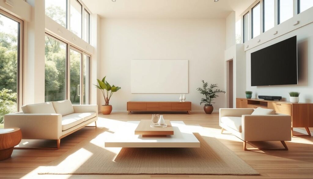A sun-filled modern living room showcasing a minimalist, energy-efficient furniture arrangement. In the foreground, a sleek, ergonomic sofa and armchair crafted from sustainable materials like bamboo or recycled plastic, bathed in warm, natural lighting. In the middle ground, a low-profile, rectangular coffee table with a smooth, reflective surface that maximizes the sense of openness. Against the far wall, a simple, wall-mounted media unit with clean lines and ample storage for devices, minimizing energy consumption. The space is accentuated by large, energy-efficient windows that flood the room with daylight, reducing the need for artificial lighting. The overall aesthetic is serene, uncluttered, and focused on functional, eco-friendly design choices.