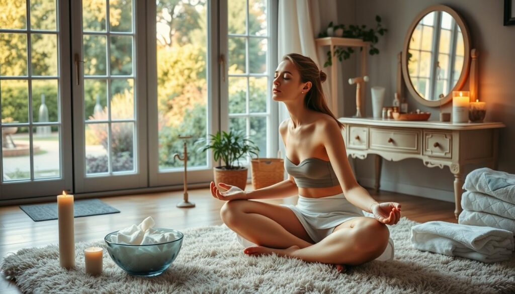 A tranquil Sunday morning scene of various self-care rituals. In the foreground, a woman sits cross-legged on a plush rug, eyes closed in meditation, candlelight flickering. Nearby, a bowl of fragrant bath salts and a stack of soft towels. In the middle ground, a vintage vanity holds an array of skincare products, a jade roller, and a small potted plant. The background features a large window overlooking a lush garden, warm natural light filtering in. An atmosphere of calm, intentional self-nurturing pervades the space.
