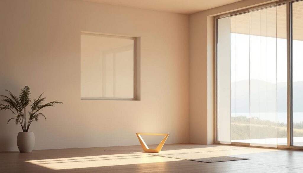 A tranquil, Zen-inspired lighting setup within a serene, minimalist interior. Soft, warm light emanates from a low-profile, angular floor lamp, casting a gentle glow across the space. In the background, a large window frames a serene outdoor landscape, allowing natural light to filter in and create a harmonious balance. The overall atmosphere is one of calm, contemplation, and a sense of connection to the natural world.