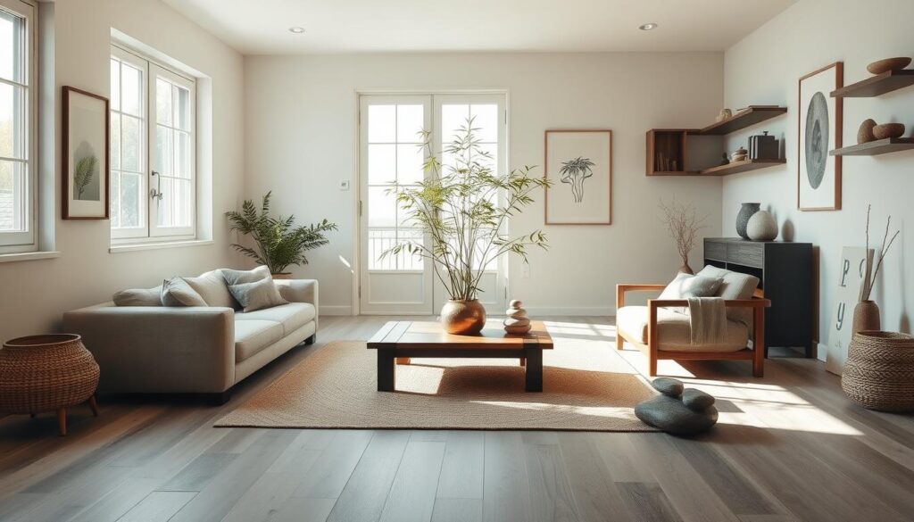 A tranquil Zen-inspired living room, bathed in soft natural light streaming through large windows. The space features minimalist furniture - a low wooden coffee table, a plush linen couch, and a pair of armchairs arranged around a potted bamboo plant. Calming earth-toned accents, such as a woven rug and decorative stone sculptures, create a serene ambiance. The walls are adorned with simple, abstract art prints in neutral hues. Subtle textures, like the woven basket and weathered wooden shelves, add visual interest. An overall sense of balance, harmony, and mindfulness pervades the scene, evoking a sanctuary of relaxation and introspection.