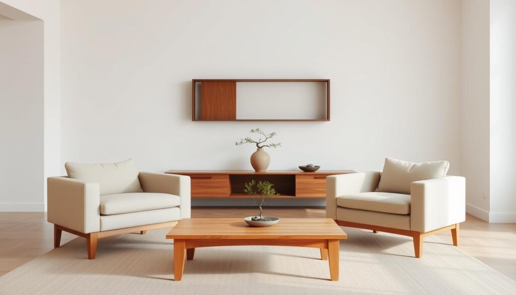 A tranquil Zen-inspired living space, filled with minimalist furniture pieces arranged in harmonious flow. In the foreground, a low-profile, natural wood coffee table, complemented by a pair of beige linen-upholstered armchairs positioned to encourage contemplation. In the middle ground, a sleek, floating shelving unit showcases carefully curated decorative elements - a bonsai tree, a ceramic vase, and a handful of pebbles. The background features an expansive window, allowing natural light to bathe the room in a serene, diffused glow. The overall ambiance exudes a sense of balance, simplicity, and inner peace, creating a sanctuary for mindful living.