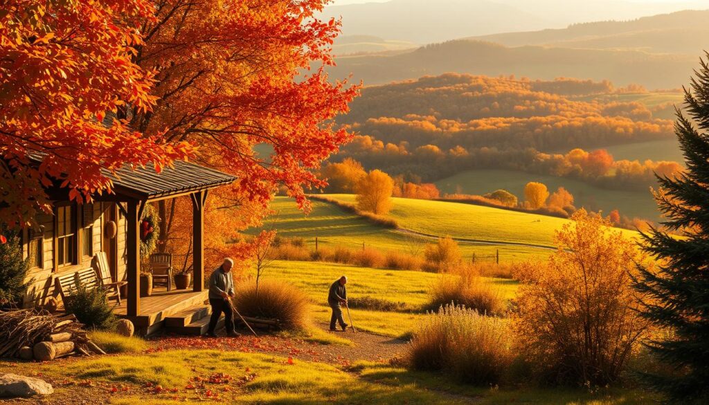 A tranquil autumnal scene, bathed in warm golden light. In the foreground, a cozy cabin nestled among vibrant fall foliage, its porch adorned with seasonal decorations. Figures move gracefully, engaged in simple tasks like chopping wood or tending to a garden. The middle ground reveals a lush, verdant meadow, dotted with wildflowers. In the distance, rolling hills blanketed in a patchwork of earthy hues. The atmosphere is one of mindful presence, of aligning with the natural rhythms of the changing seasons. Soft, diffused lighting casts a serene glow, inviting the viewer to slow down and savor the moment.